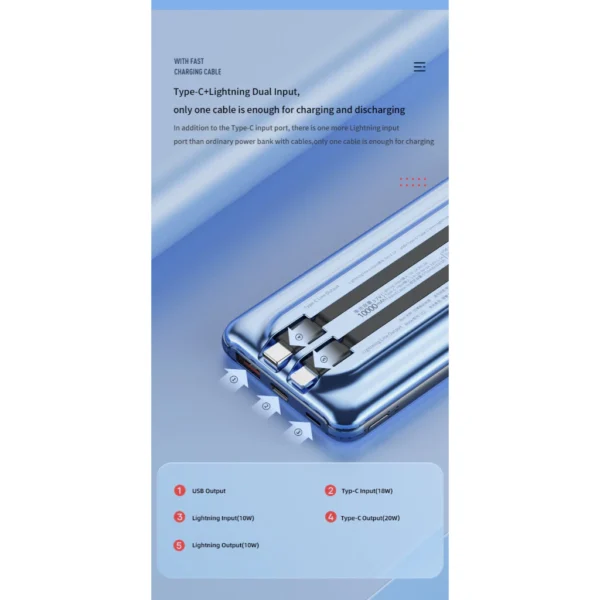 Yoobao Fast Charging Powerbank Built in Cables Lightning & Type C - LC2PRO (10000mAh)